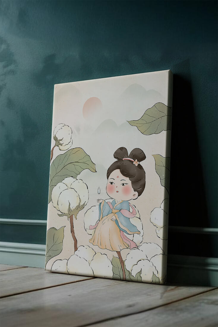 Elegant illustration of a young girl in traditional attire amid cotton plants