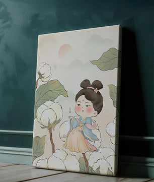 Illustration élégante d'une jeune fille en tenue traditionnelle au milieu de plants de coton