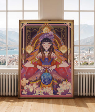 Obra de arte de fantasía con una adivina que tiene una bola de cristal y flores