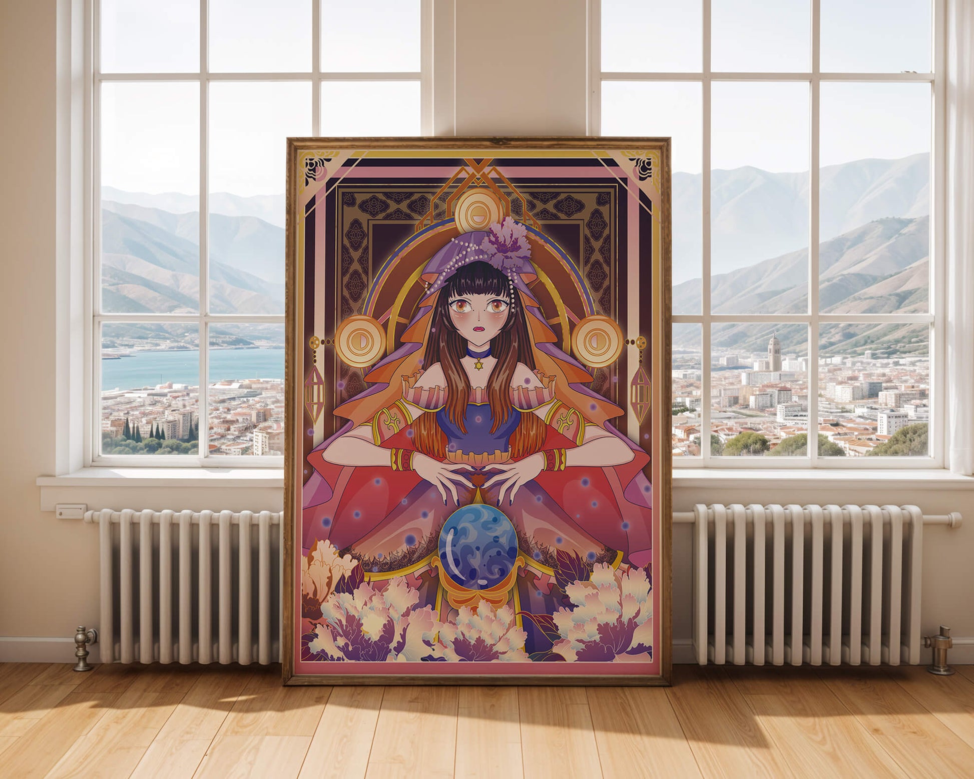 Fantasy Artwork Featuring a Fortune Teller with Crystal Ball and Flowers