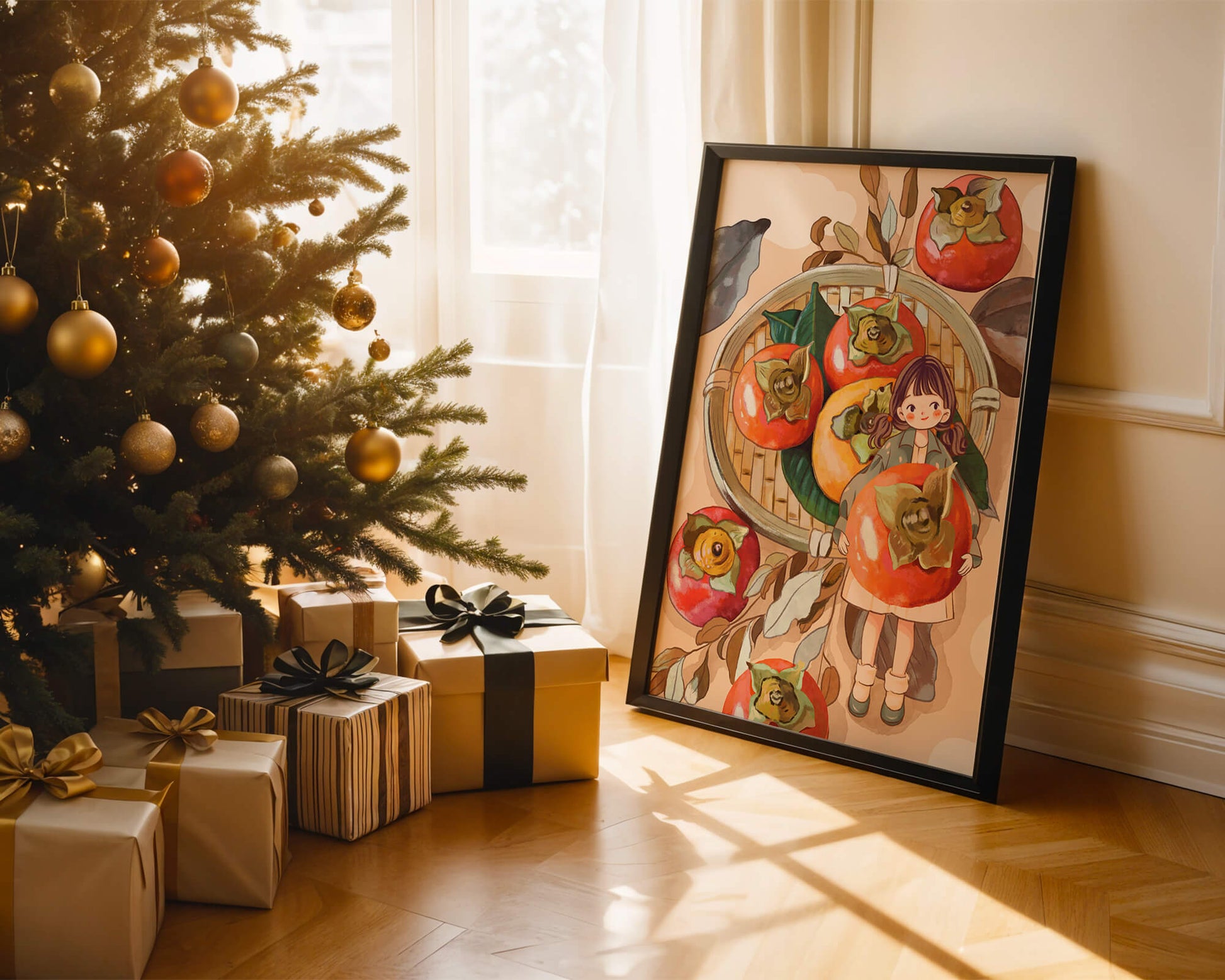 Joven sosteniendo un dátil en una escena de cosecha caprichosa