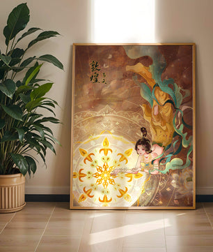 Figura celestial elegante con aura dorada y motivos florales