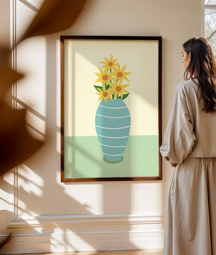 Yellow Sunflowers in a Blue Striped Vase on a Minimalist Background - Mi tienda