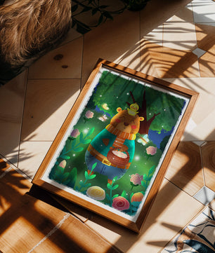 Charming bear in a colorful garden with flowers and fireflies