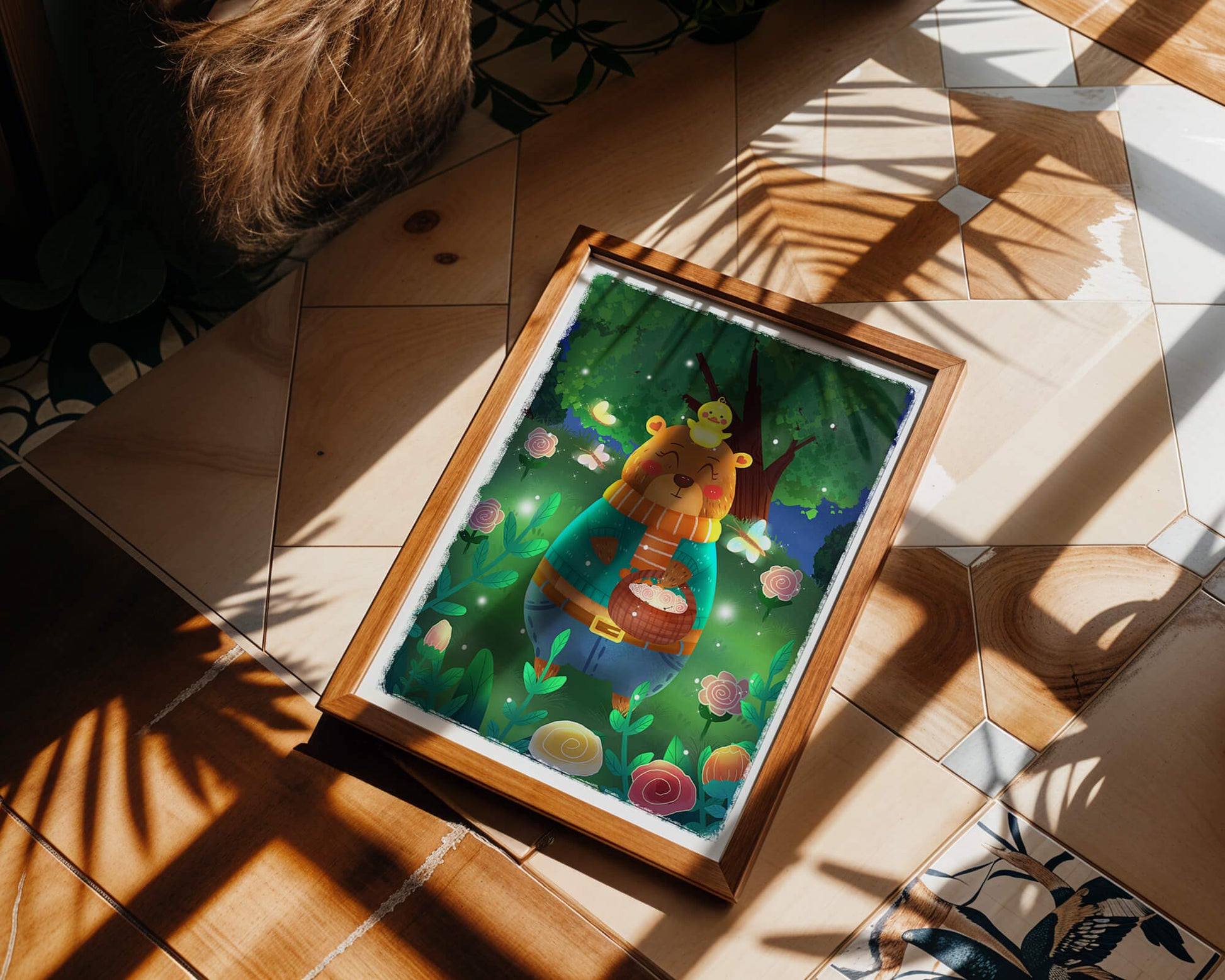 Charming bear in a colorful garden with flowers and fireflies
