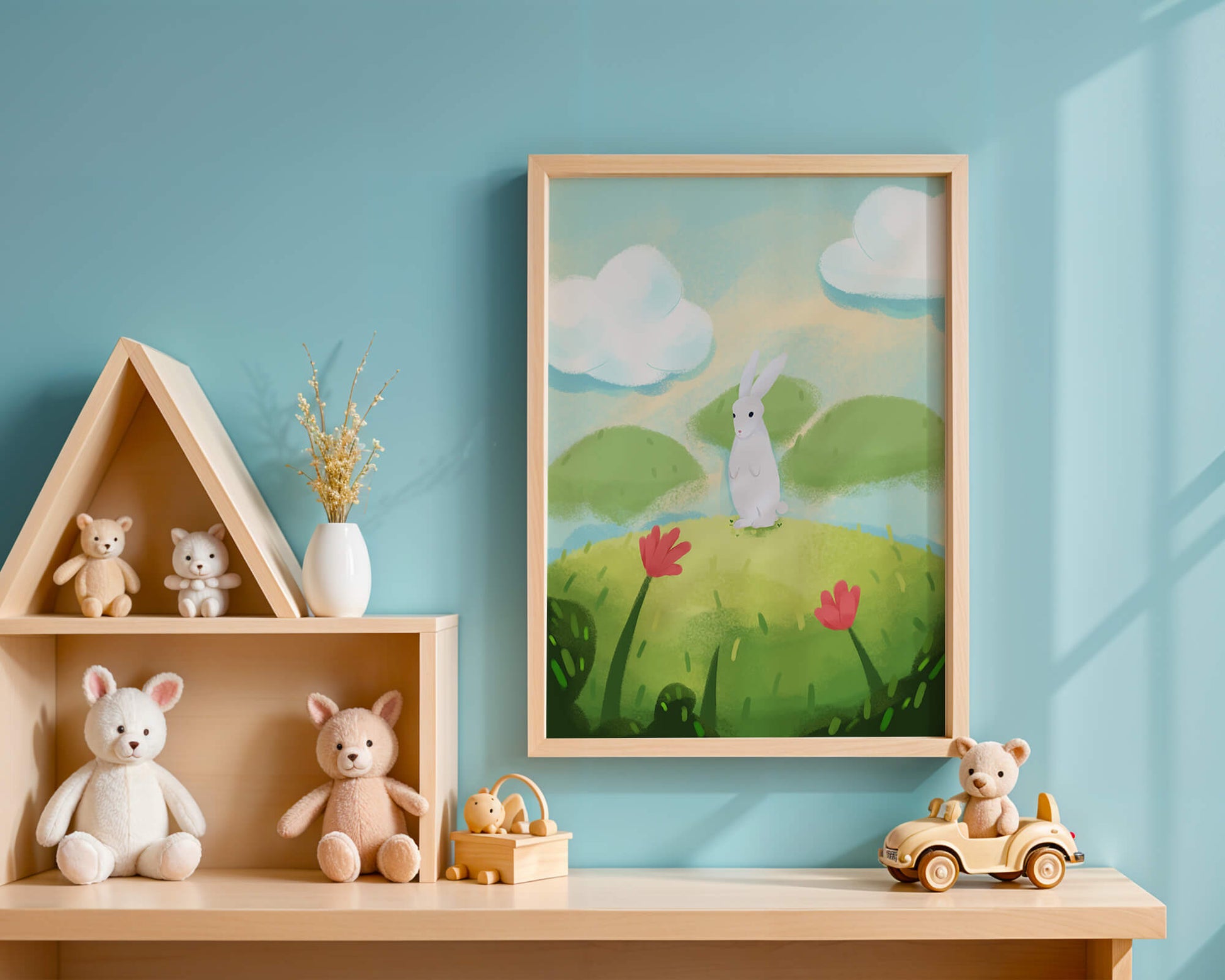 Whimsical landscape with rabbit and colorful flowers
