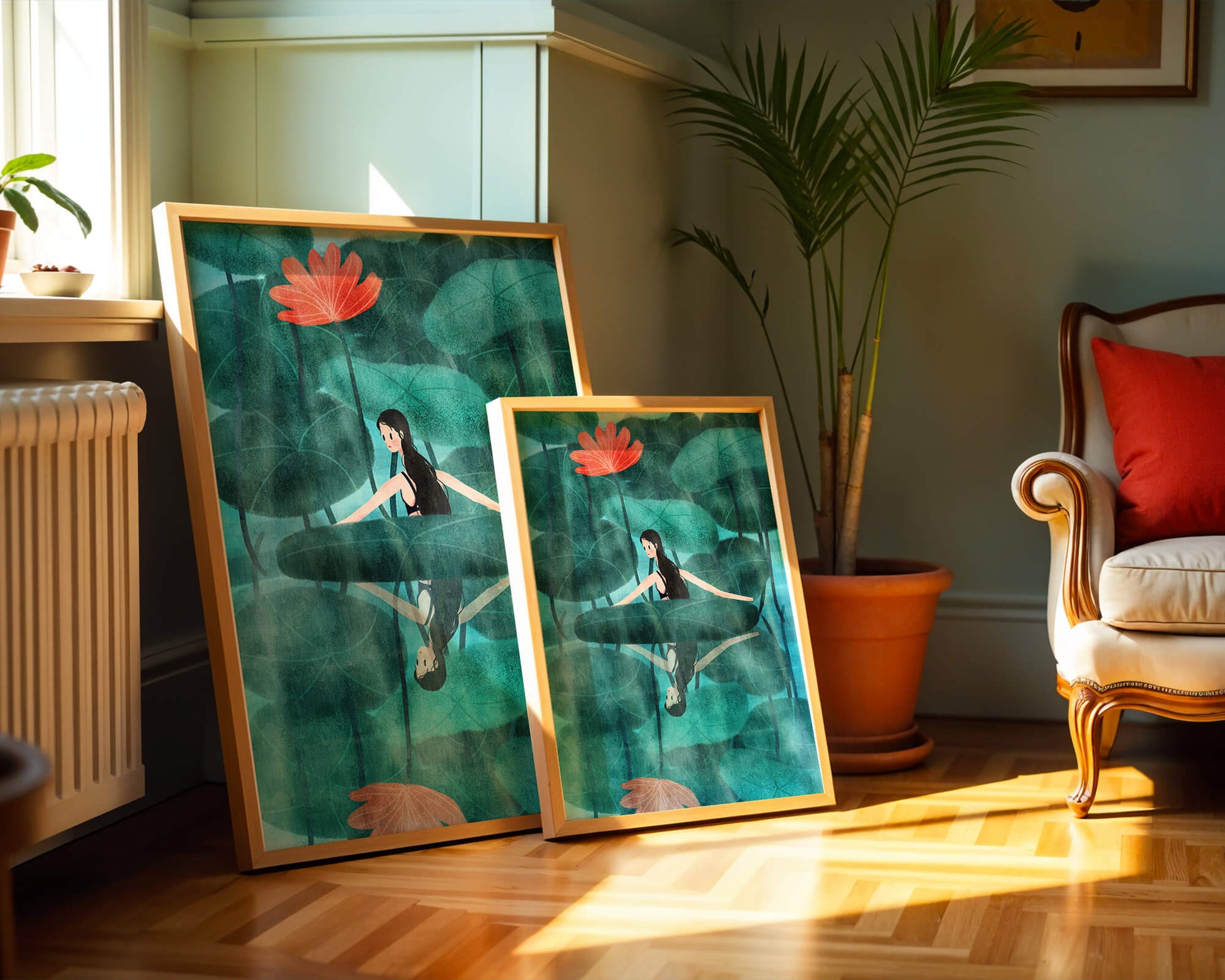 Woman Reflecting among Lotus Leaves and Flowers with a Mirror Image