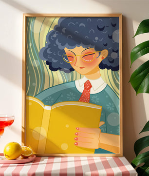 Illustration d'une personne lisant un grand livre jaune dans un style stylisé