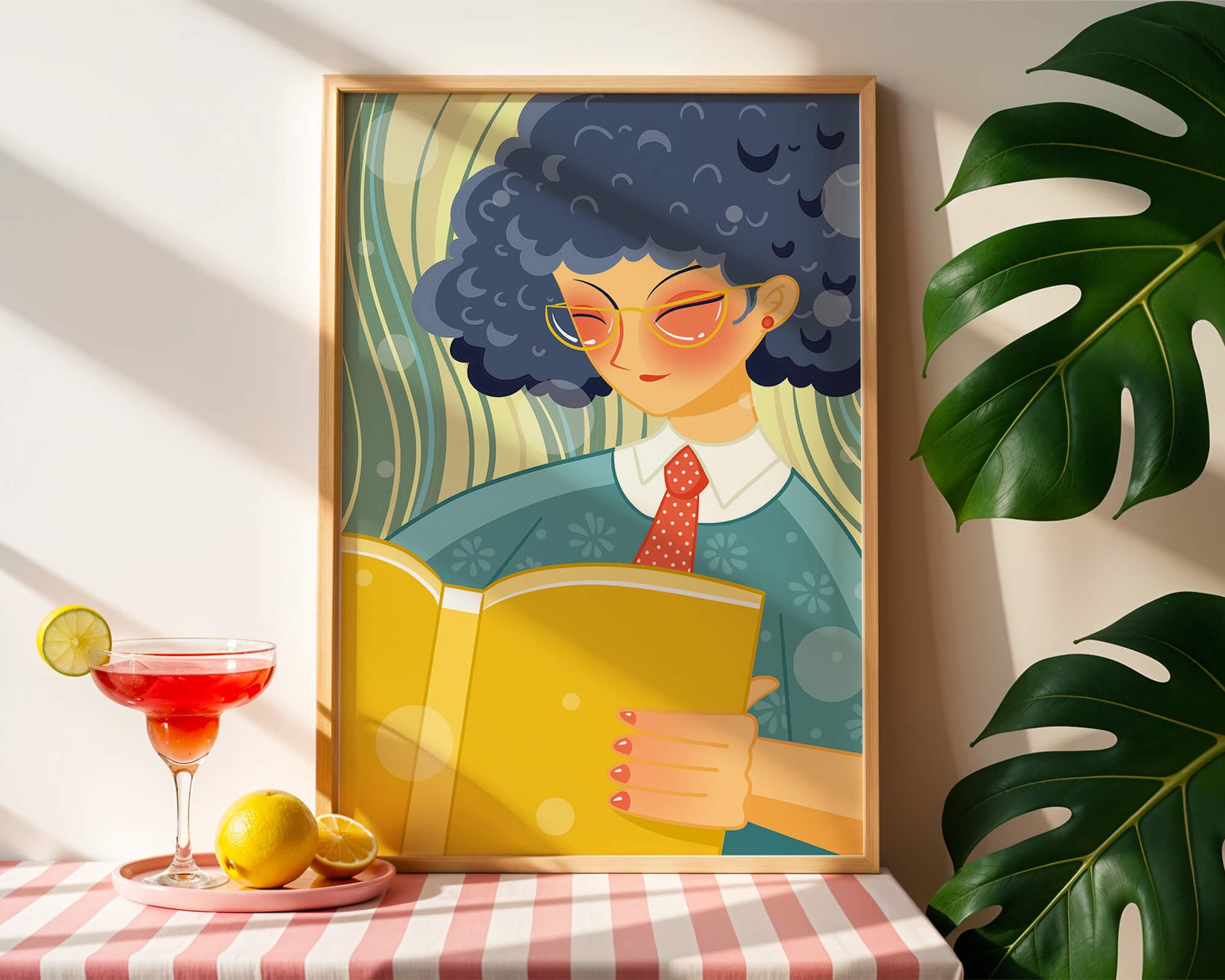 Illustration of a person reading a large yellow book in a stylized design