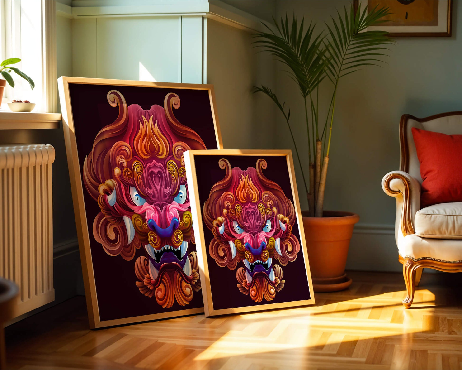 Intricate Colorful Dragon Face Illustration with Swirling Patterns
