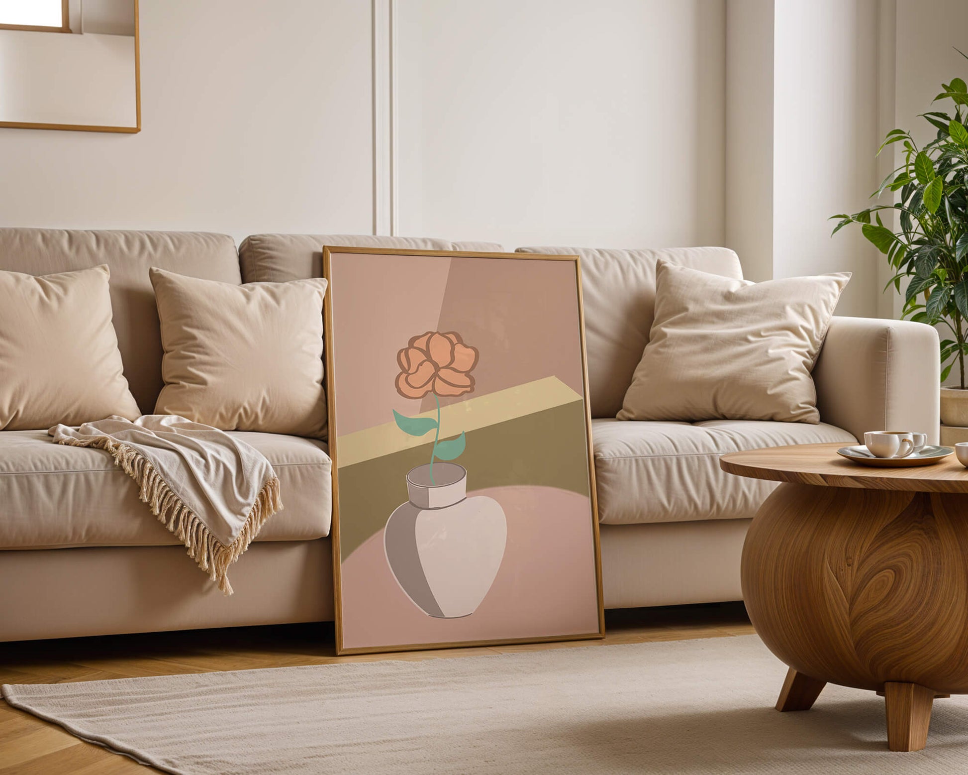 Ilustración abstracta de un jarrón con una flor en colores pastel