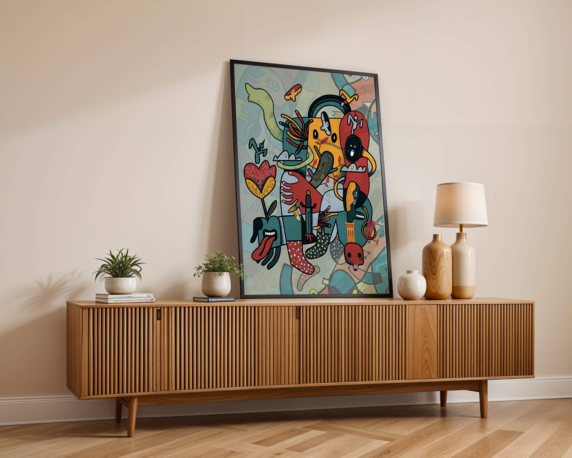 Composición artística surrealista abstracta con colores vibrantes