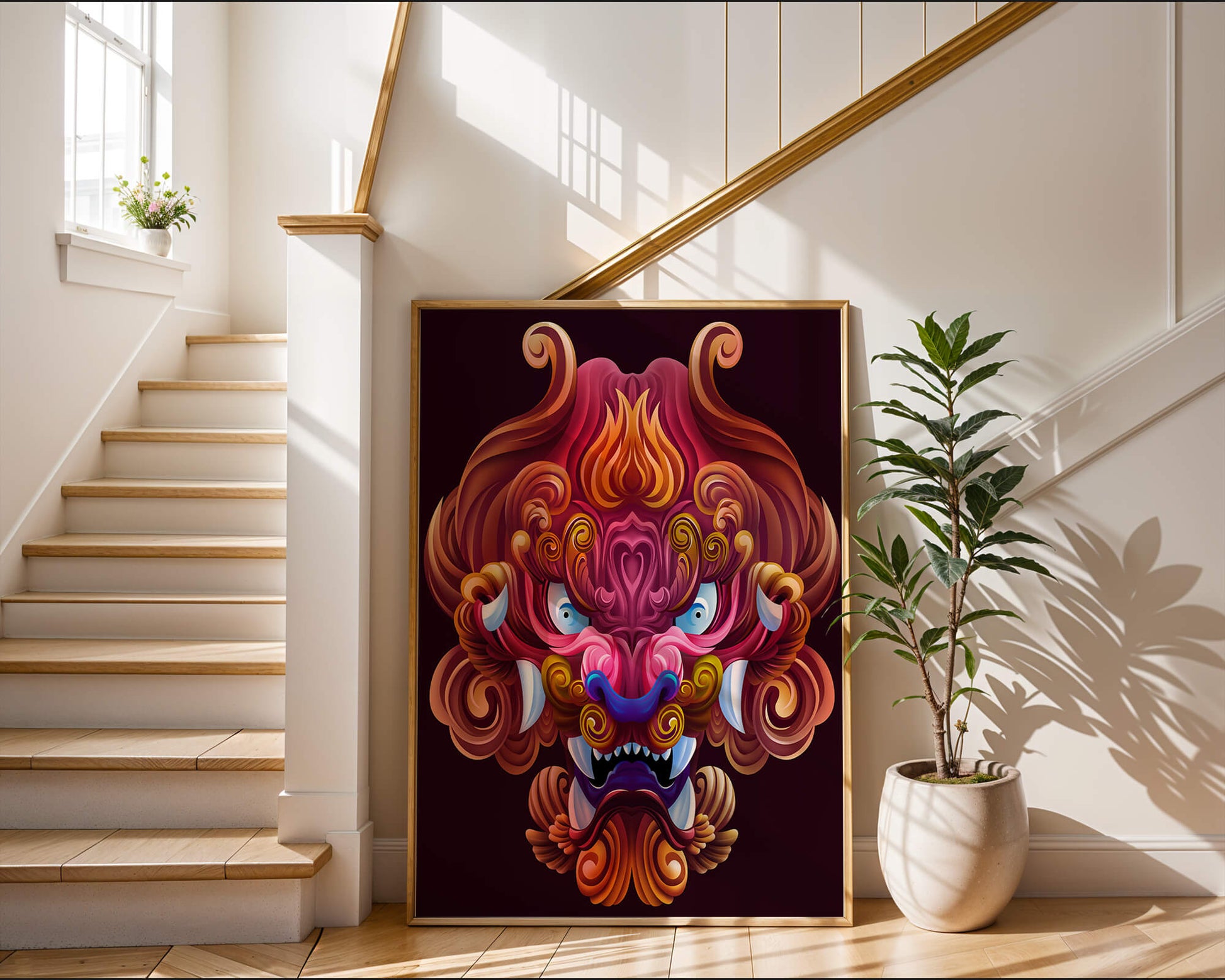 Intricate Colorful Dragon Face Illustration with Swirling Patterns