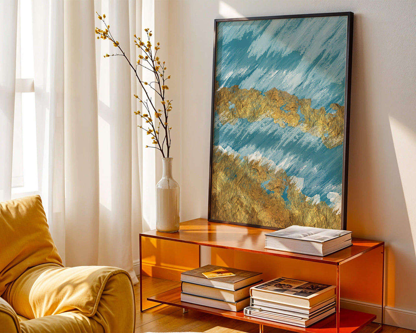 Abstract painting with gold texture and blue background