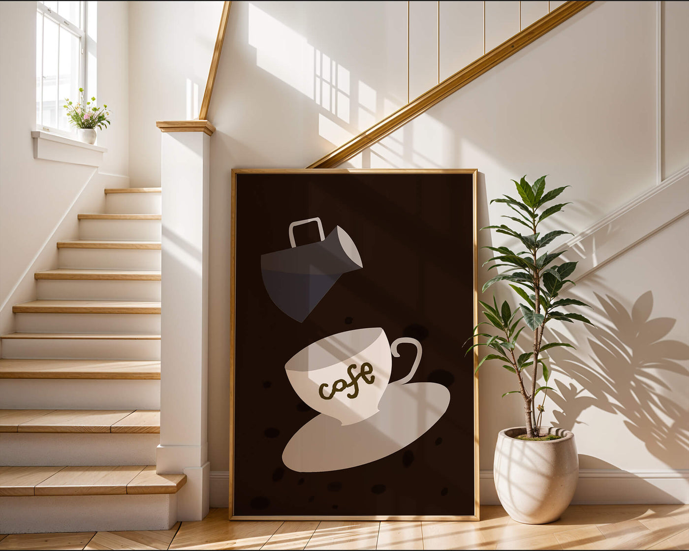 Minimalist coffee cup with pouring pot on dark background