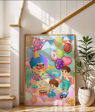 Colorful clown-themed children's party with balloons and toys
