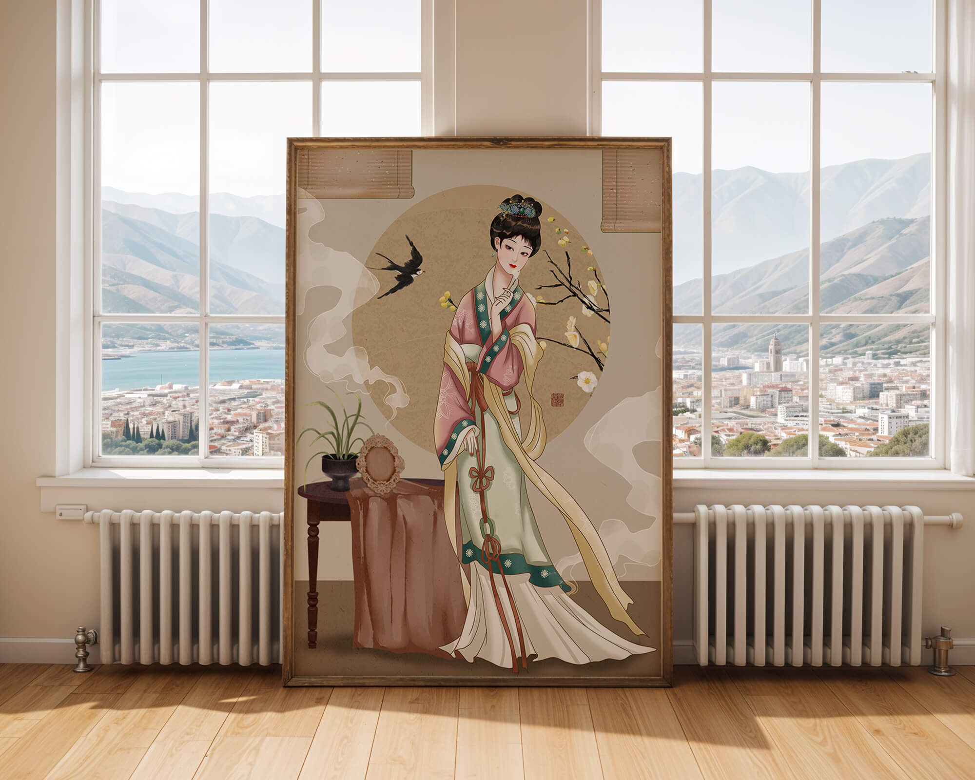 Elegant traditional Asian lady in classic attire with nature elements
