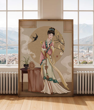 Elegante traditionelle asiatische Dame in klassischer Kleidung mit Naturelementen