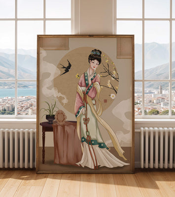 Elegant traditional Asian lady in classic attire with nature elements