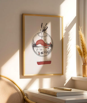 Ilustración de una ballena dentro de una pecera con una regla rosa