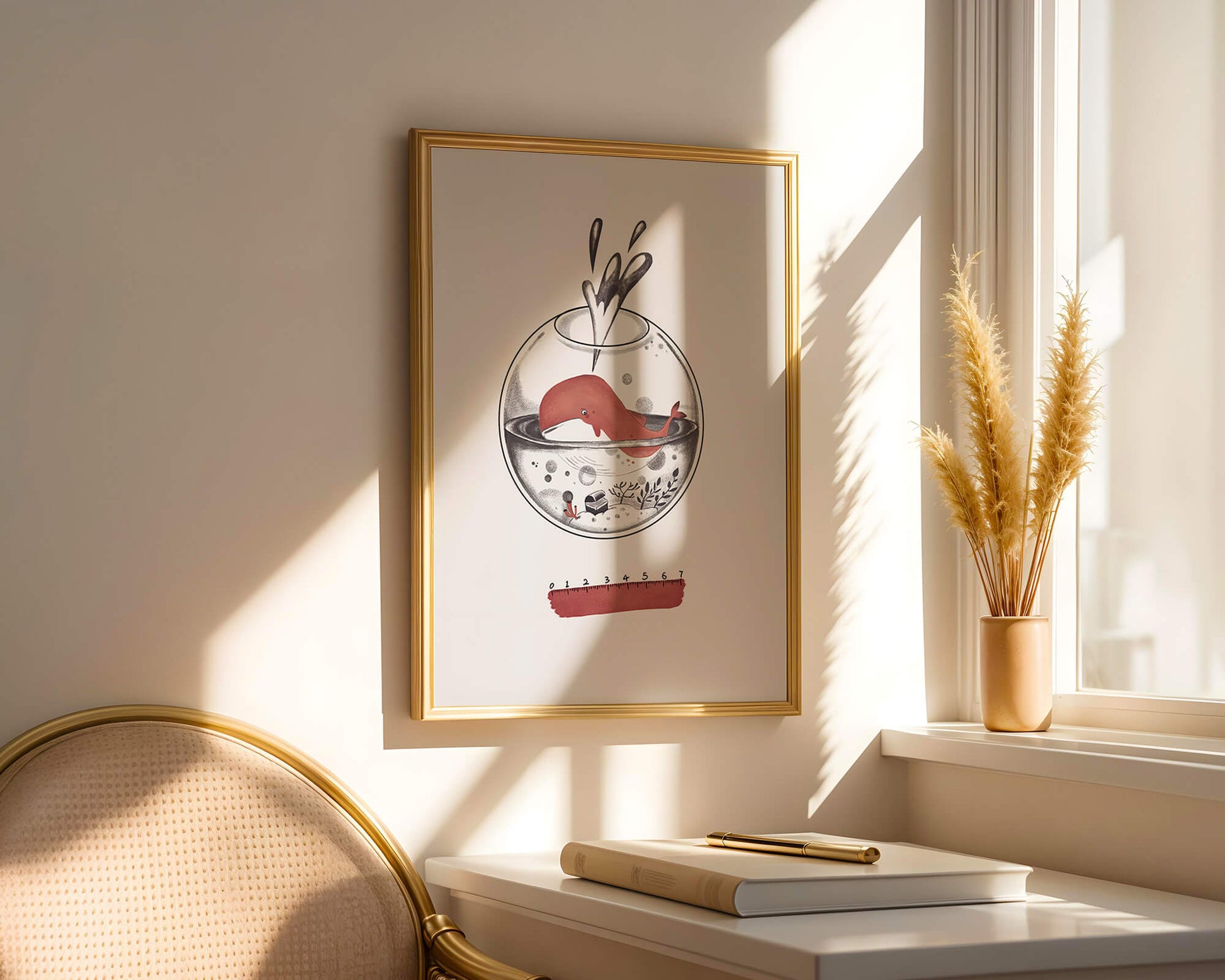 Illustration of a whale inside a fishbowl with a pink ruler