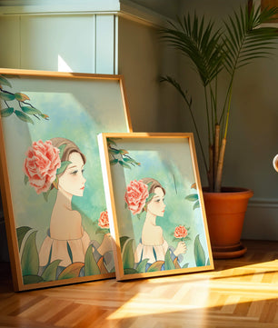 Ilustración de una mujer con una flor y texto que dice "Hola, julio"