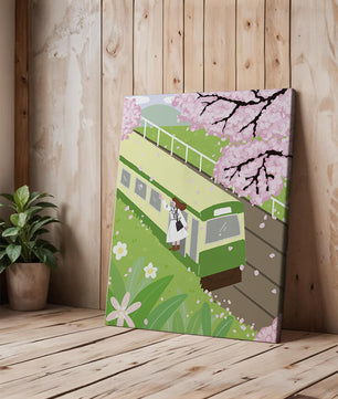 Escena de cerezos en flor y tren en un paisaje primaveral