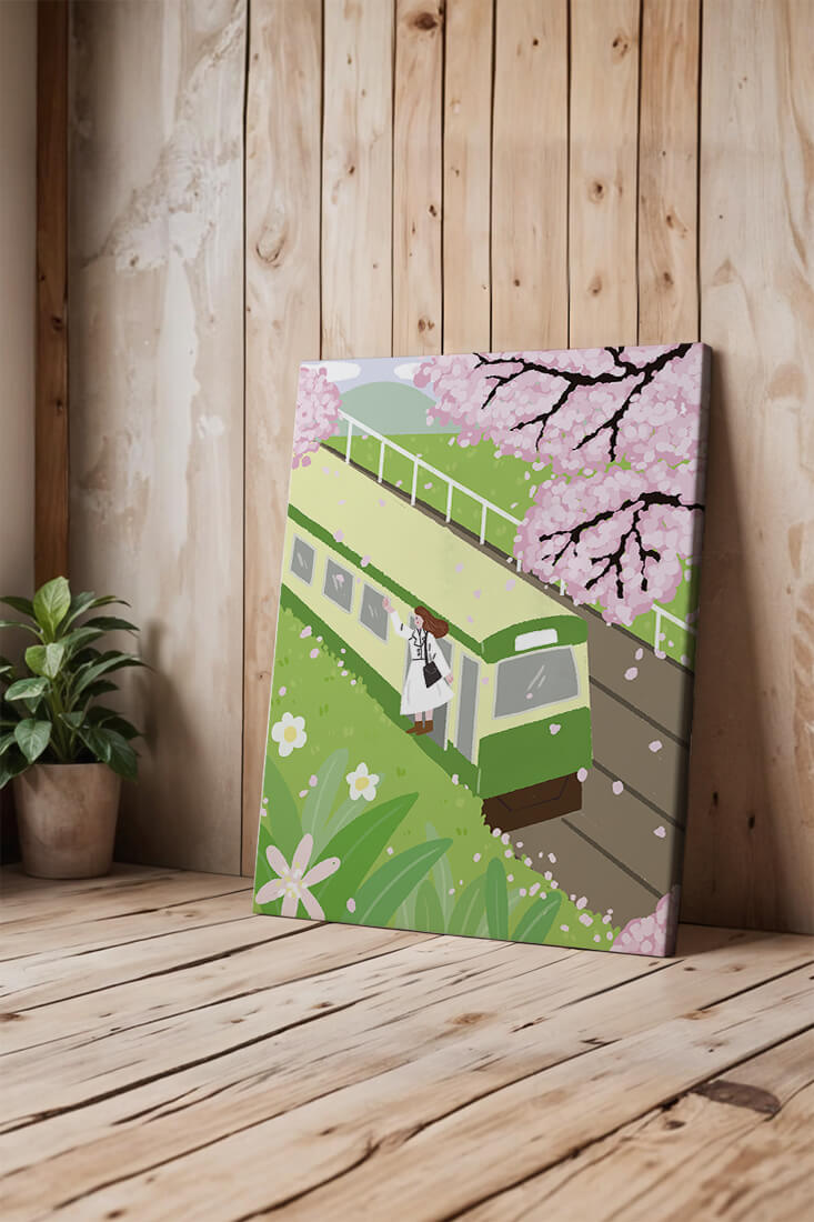 Cherry Blossoms and Train Scene in Spring Landscape