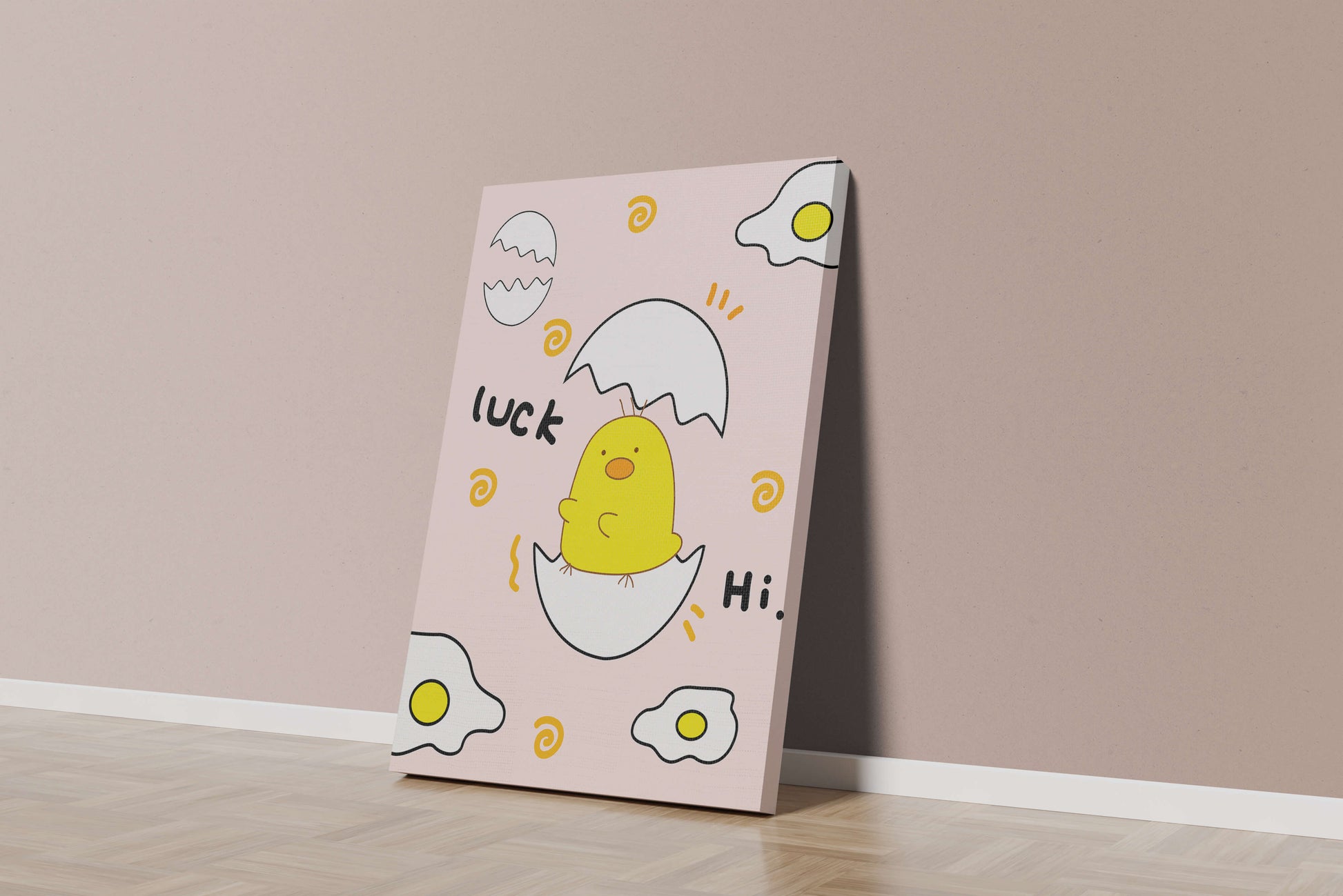 Chick hatching from an egg with cheerful expressions and fried egg motifs