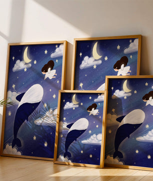 Whimsical night scene with flying angel and whale