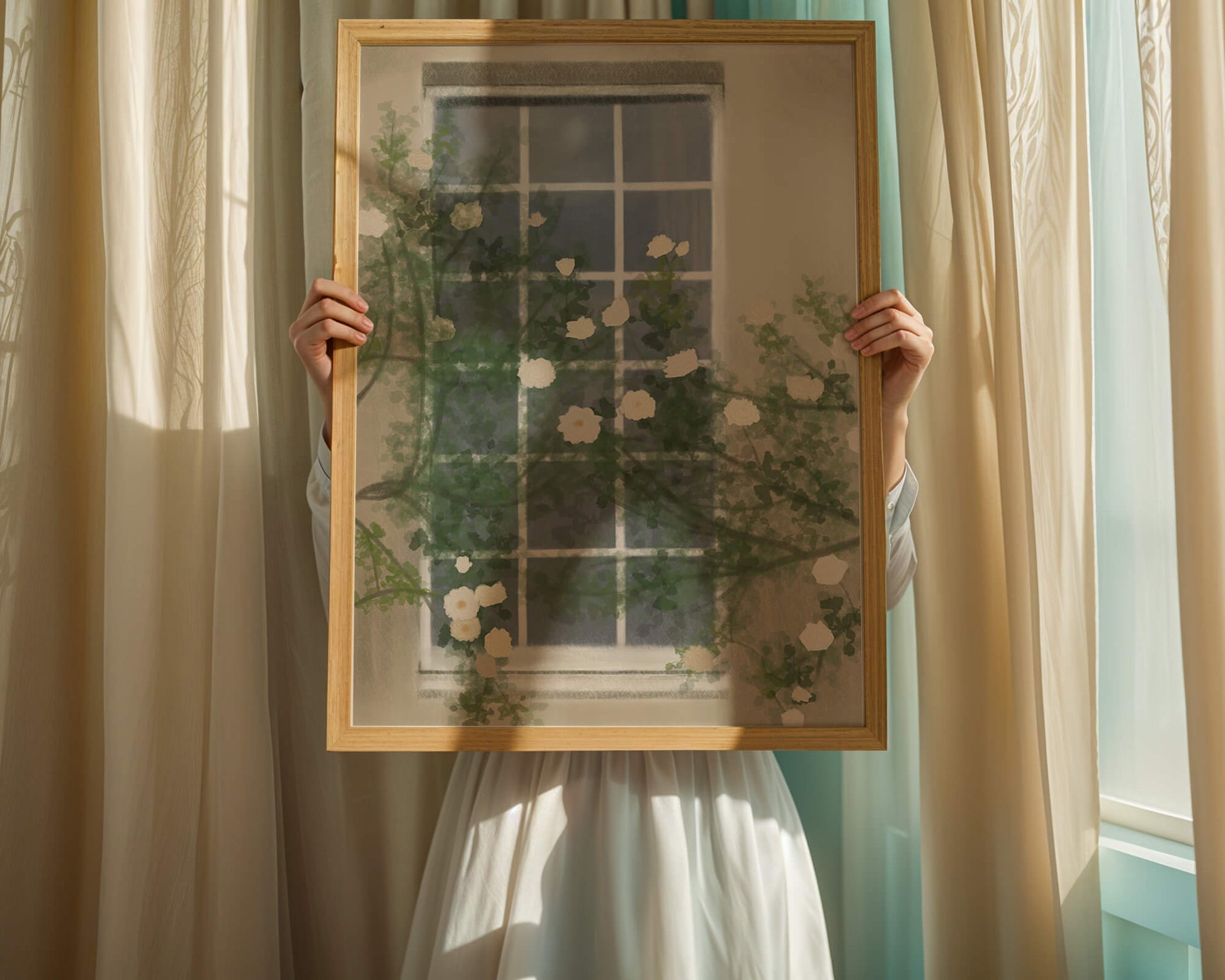 Floral Window with Climbing Roses in a Tranquil Setting