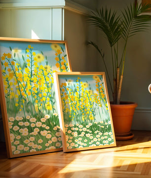 Frühlingwiese mit blühenden gelben und weißen Blumen