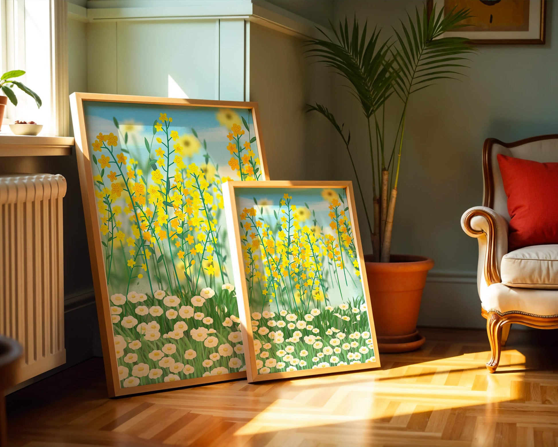 Springtime Meadow With Blooming Yellow And White Flowers