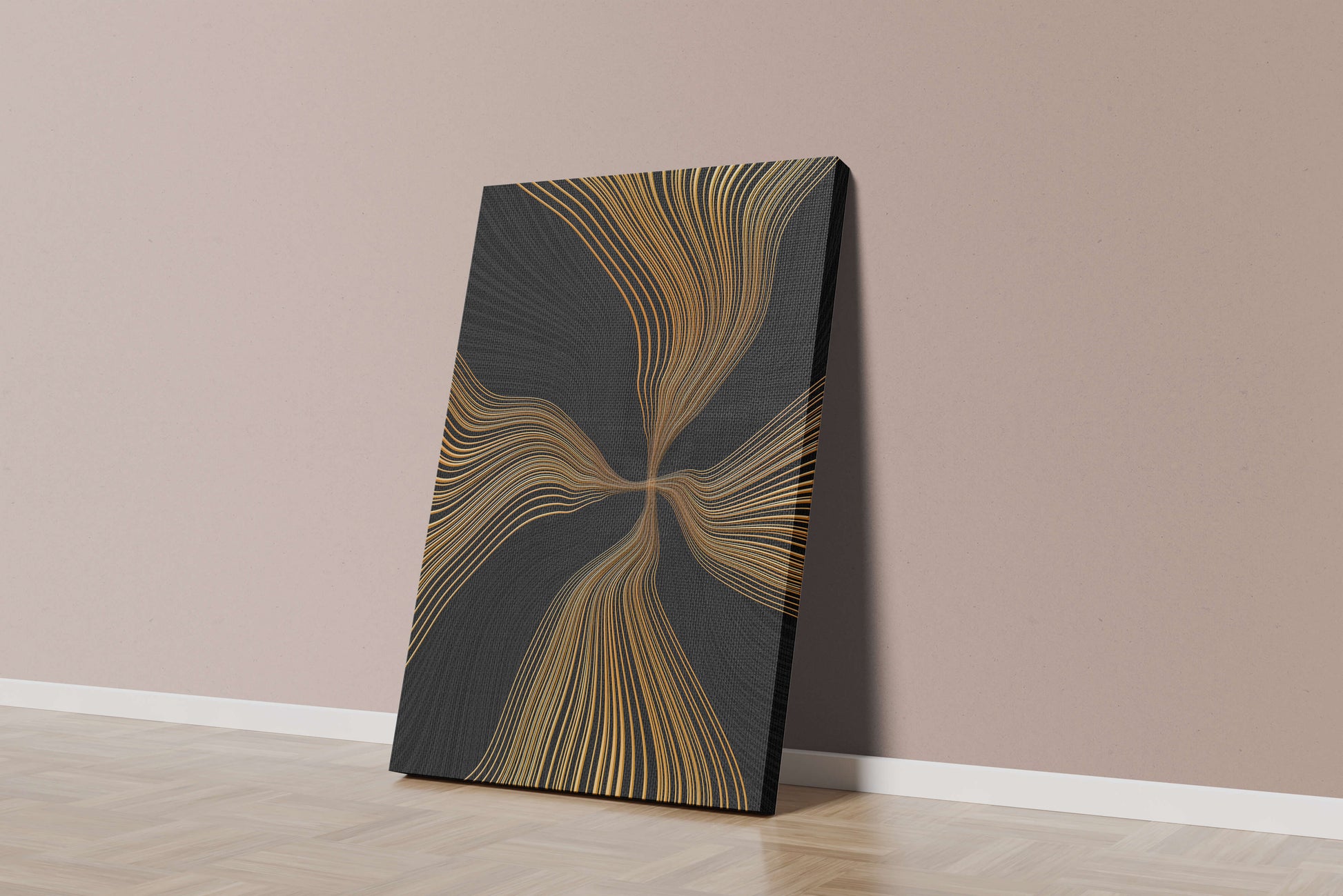Líneas doradas abstractas sobre fondo negro con flujo dinámico