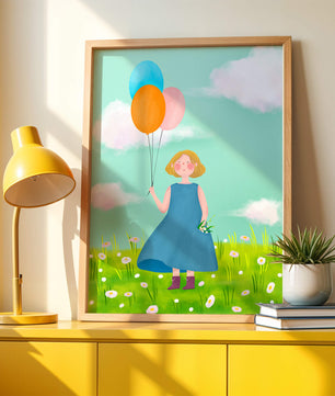 Girl with balloons in a field of daisies under a blue sky