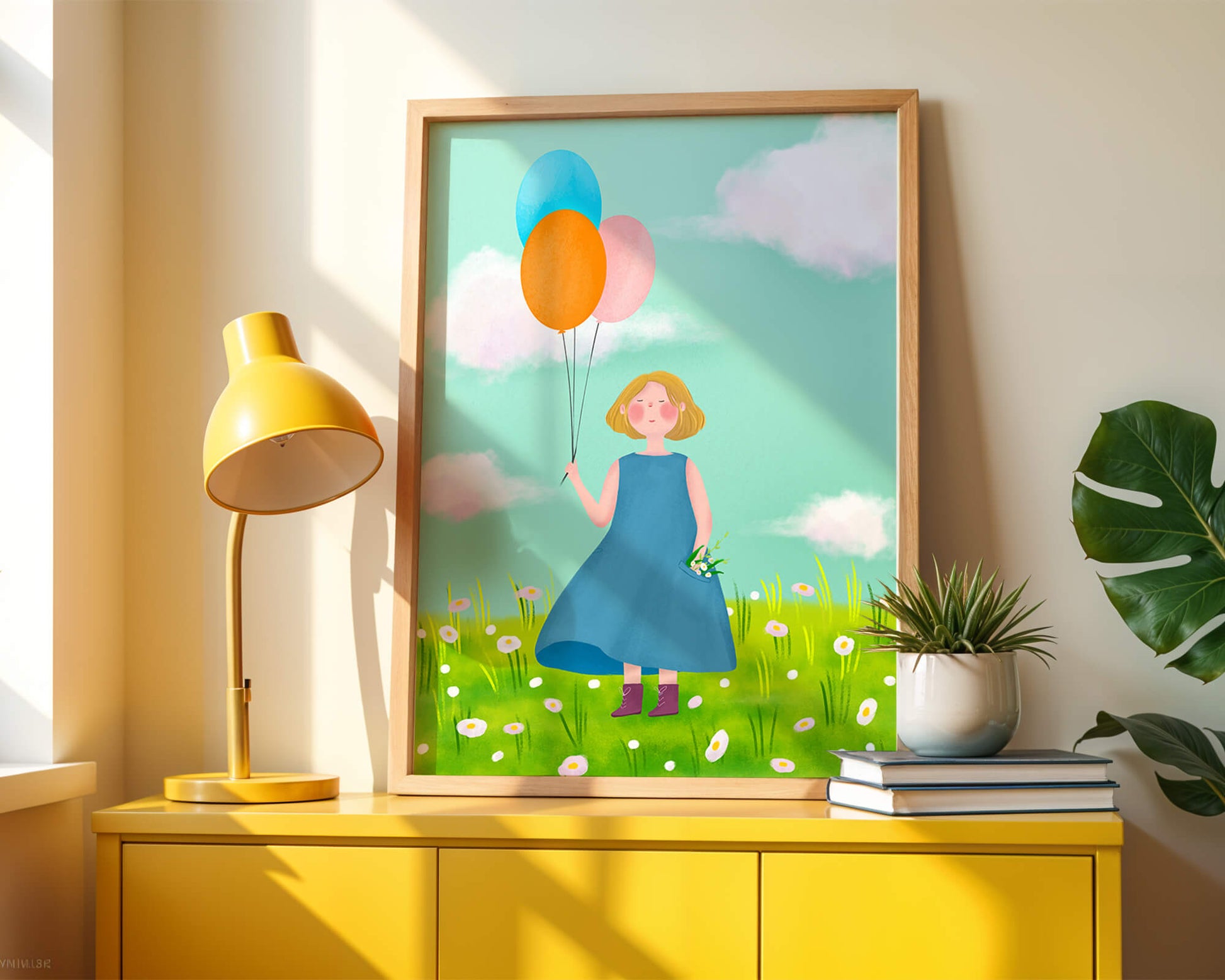 Girl with balloons in a field of daisies under a blue sky