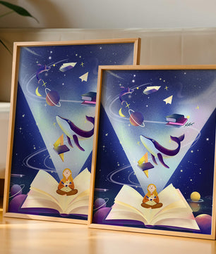 Imaginative galaxy scene with books and a child