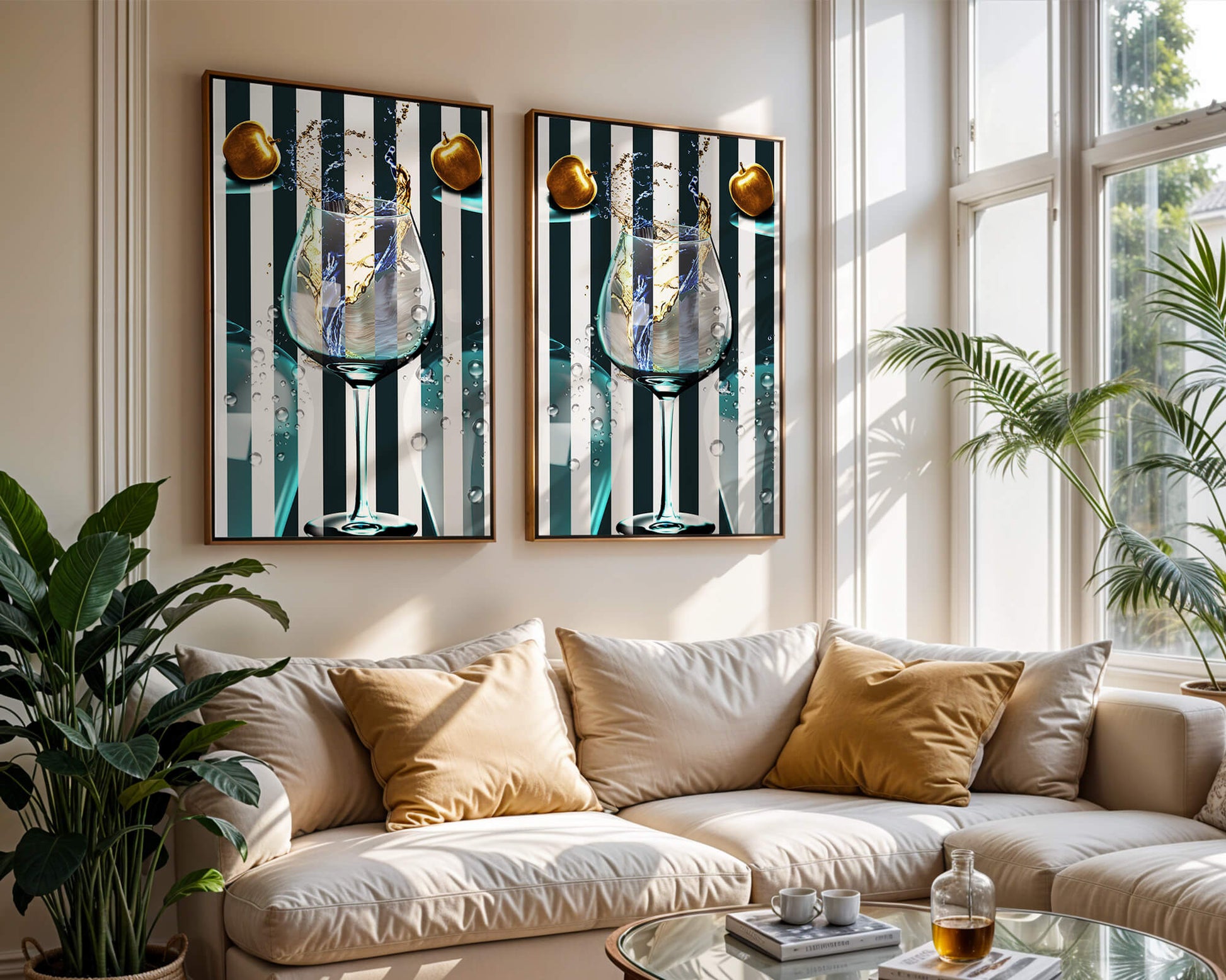 Elegant Glass of Champagne with Golden Apples and Striped Background