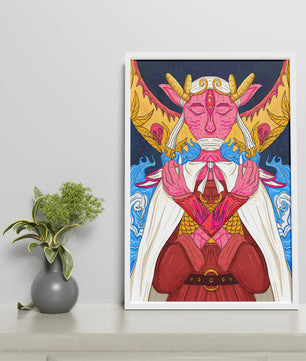 Surreal illustration of a mystical creature with golden horns and vibrant elements
