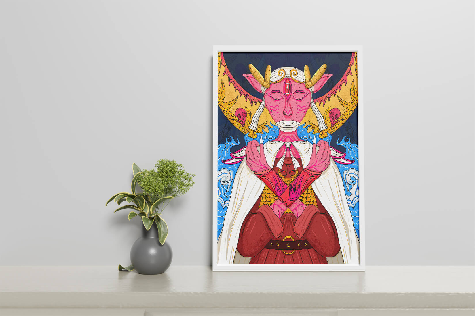 Surreal illustration of a mystical creature with golden horns and vibrant elements
