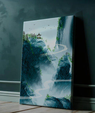 Serene mountain landscape with a pavilion and waterfall