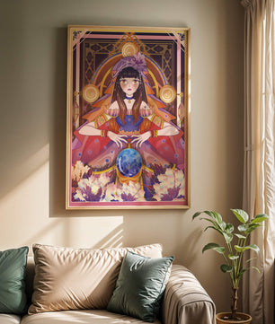 Obra de arte de fantasía con una adivina que tiene una bola de cristal y flores
