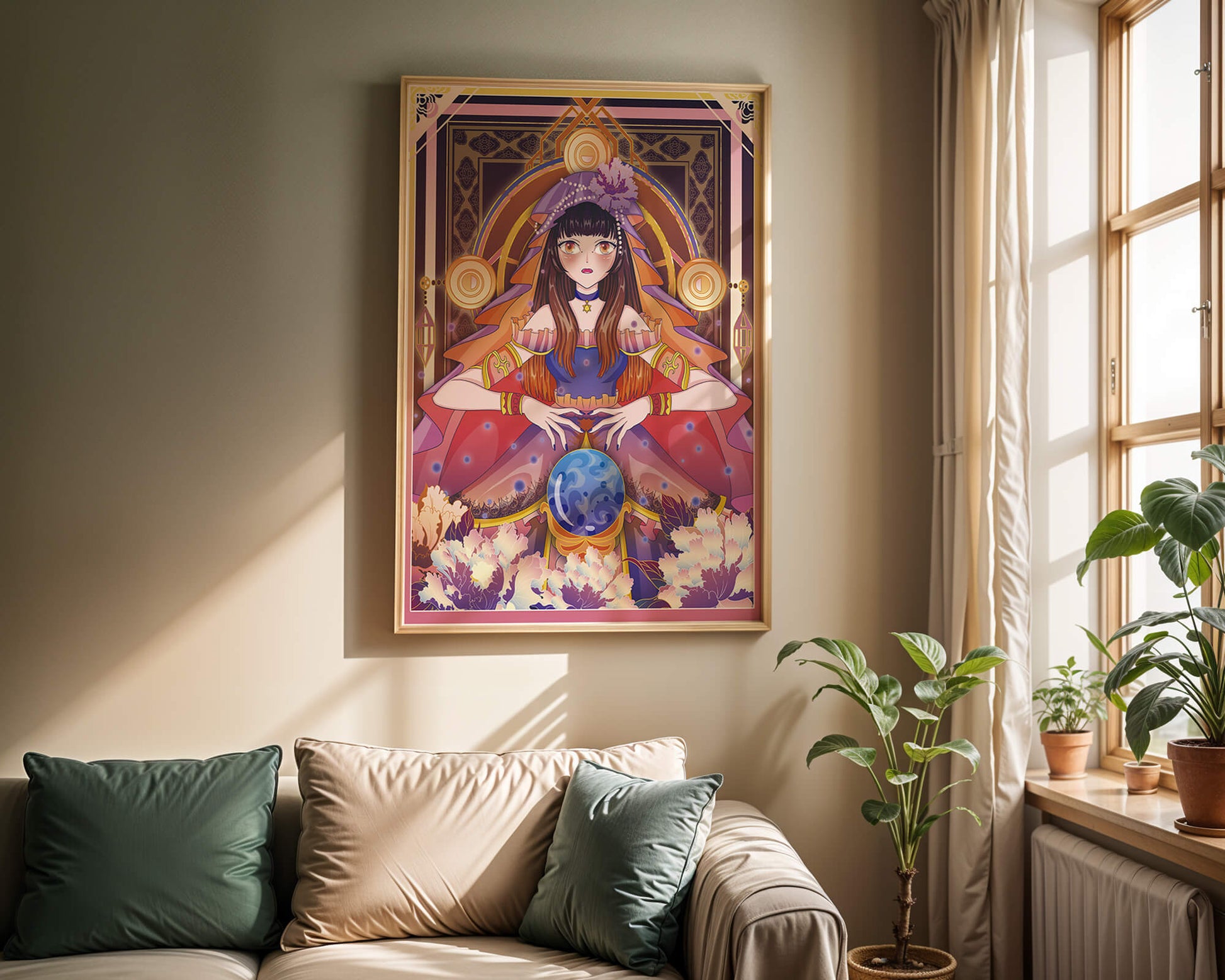 Fantasy Artwork Featuring a Fortune Teller with Crystal Ball and Flowers