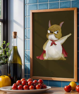 Cartoon superhero dog with red cape illustrating playful strength