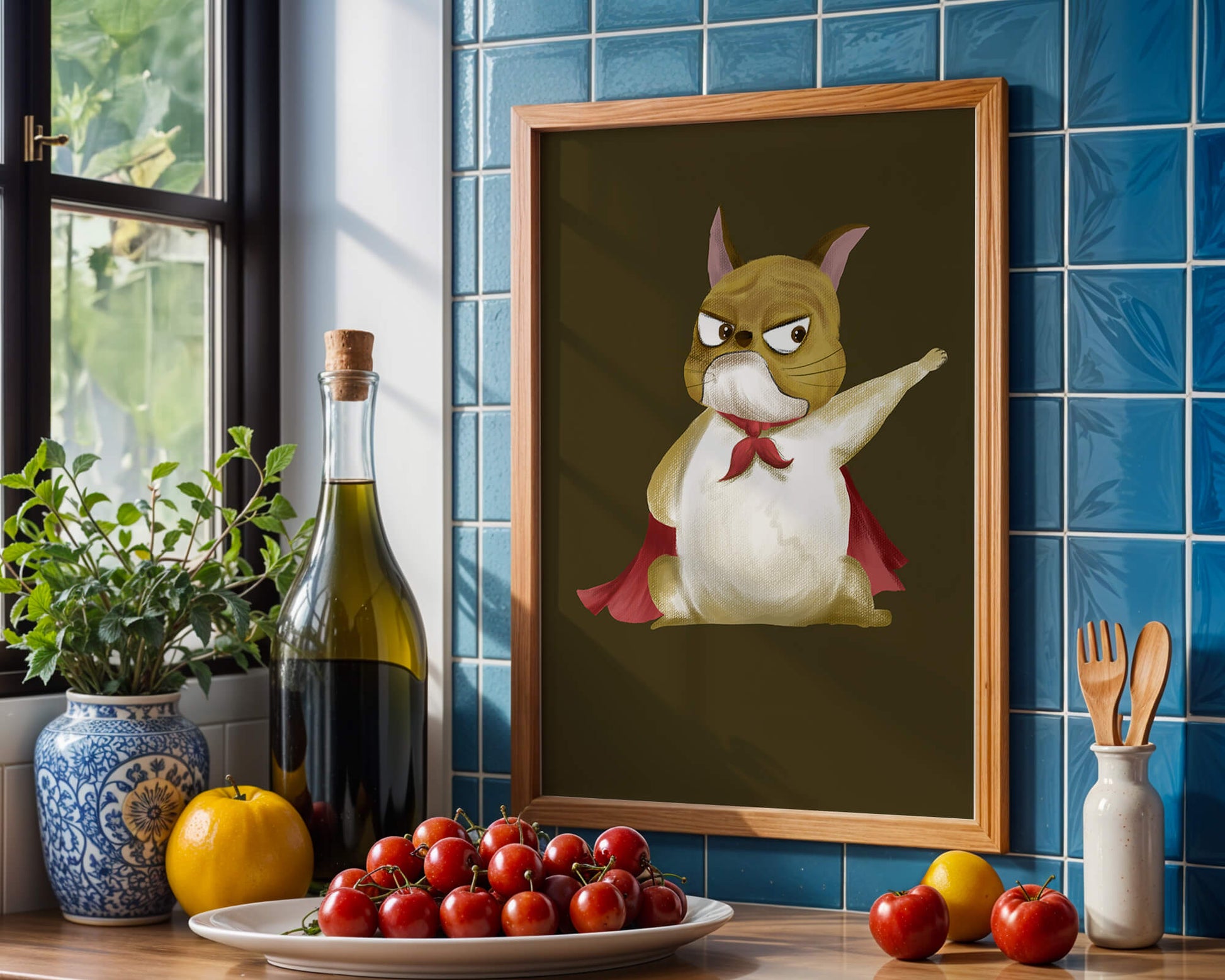 Cartoon superhero dog with red cape illustrating playful strength