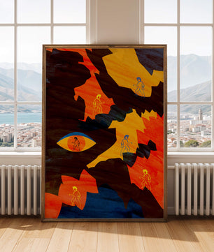 Abstract colorful artwork with eye and silhouettes