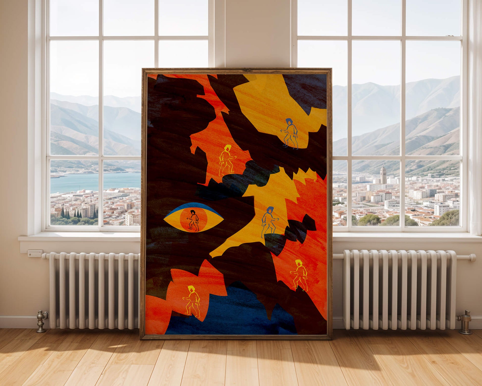 Abstract colorful artwork with eye and silhouettes