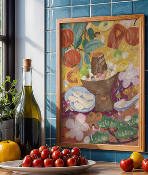 Ilustración del festival de comida asiática colorida con linternas y flores