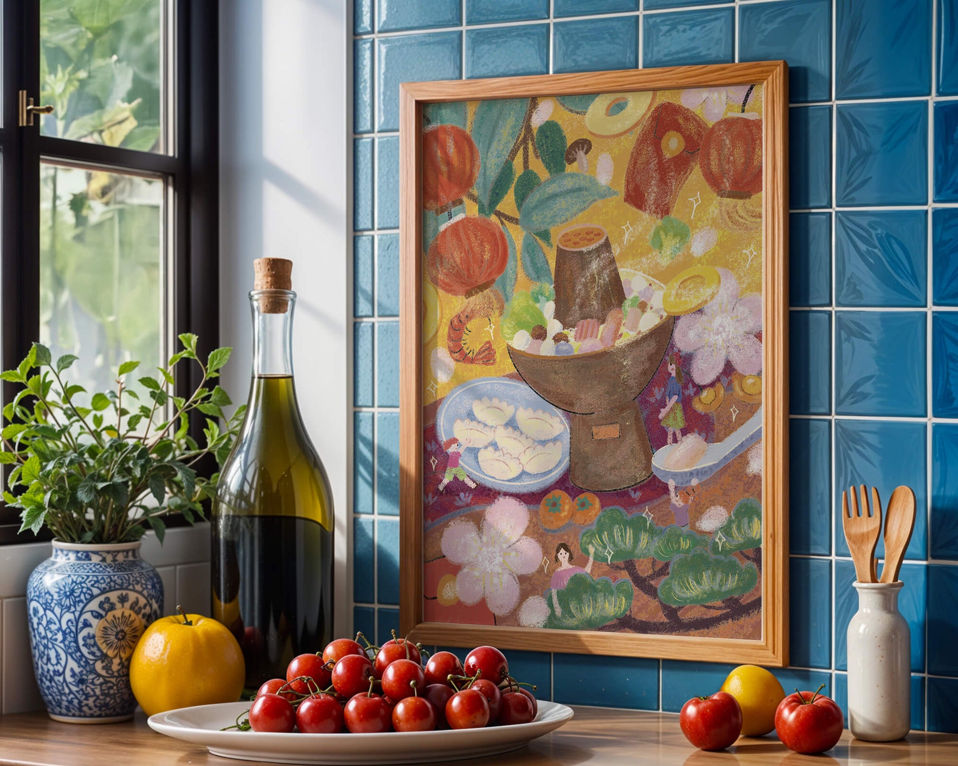 Ilustración del festival de comida asiática colorida con linternas y flores