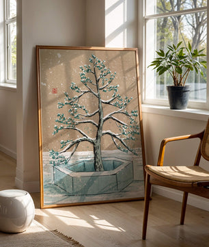 Paisaje invernal con ilustración de árbol bonsái cubierto de nieve